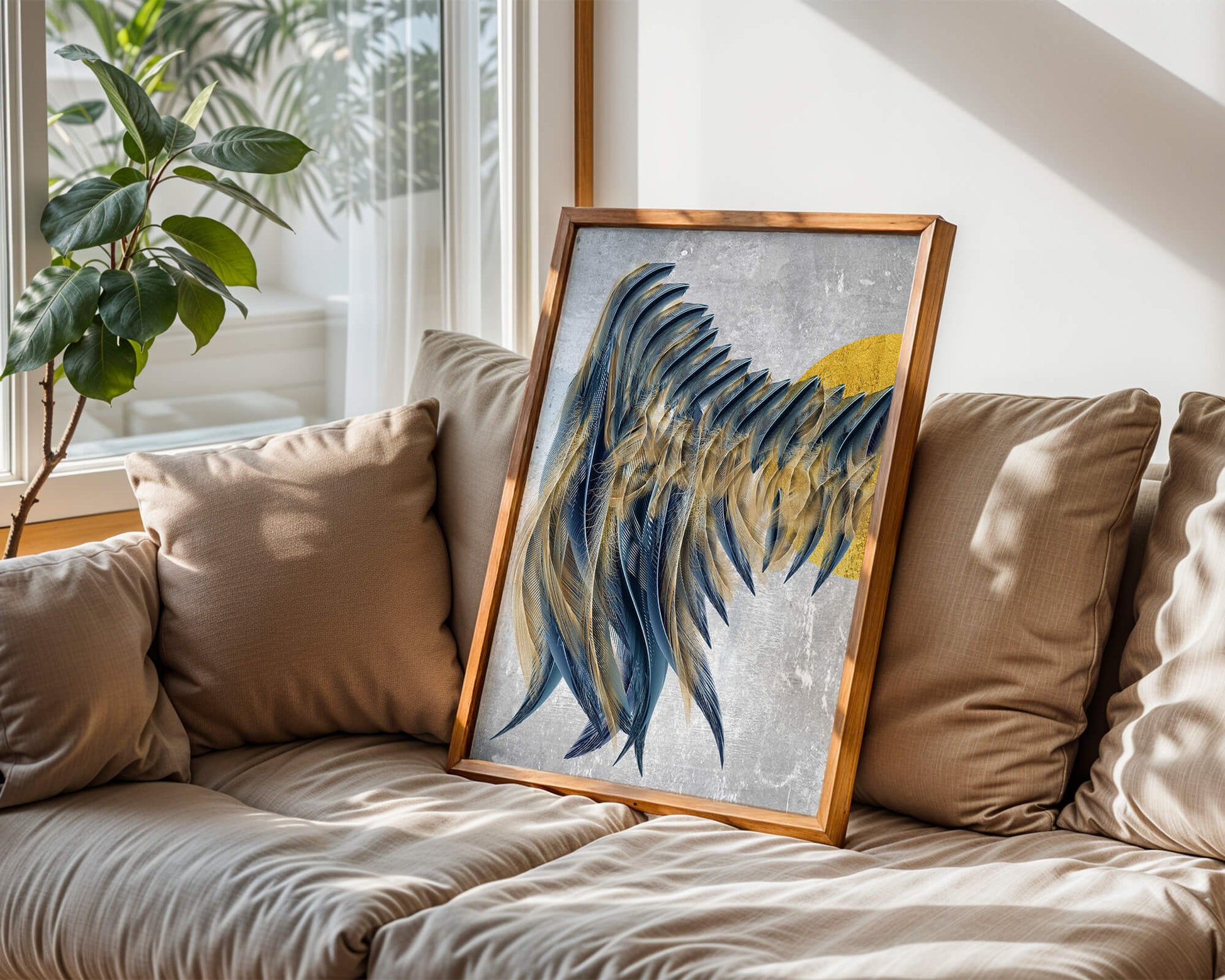 Arte abstracto de plumas con detalles dorados sobre fondo texturizado