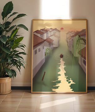 Escena de río tranquilo con arquitectura tradicional y atardecer