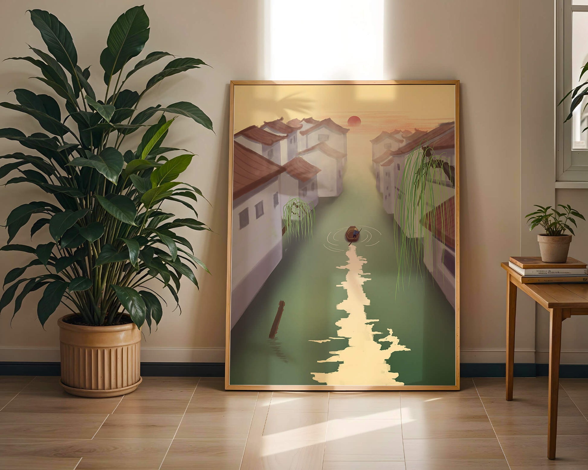 Tranquil river scene with traditional architecture and sunset