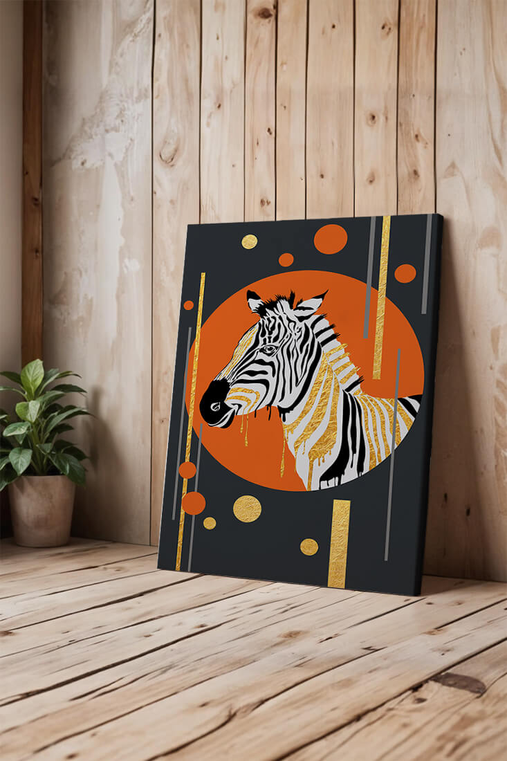 Modern zebra art with golden accents on abstract background