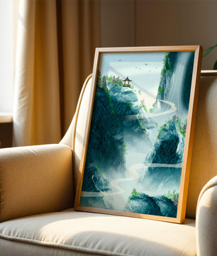 Serene mountain landscape with a pavilion and waterfall