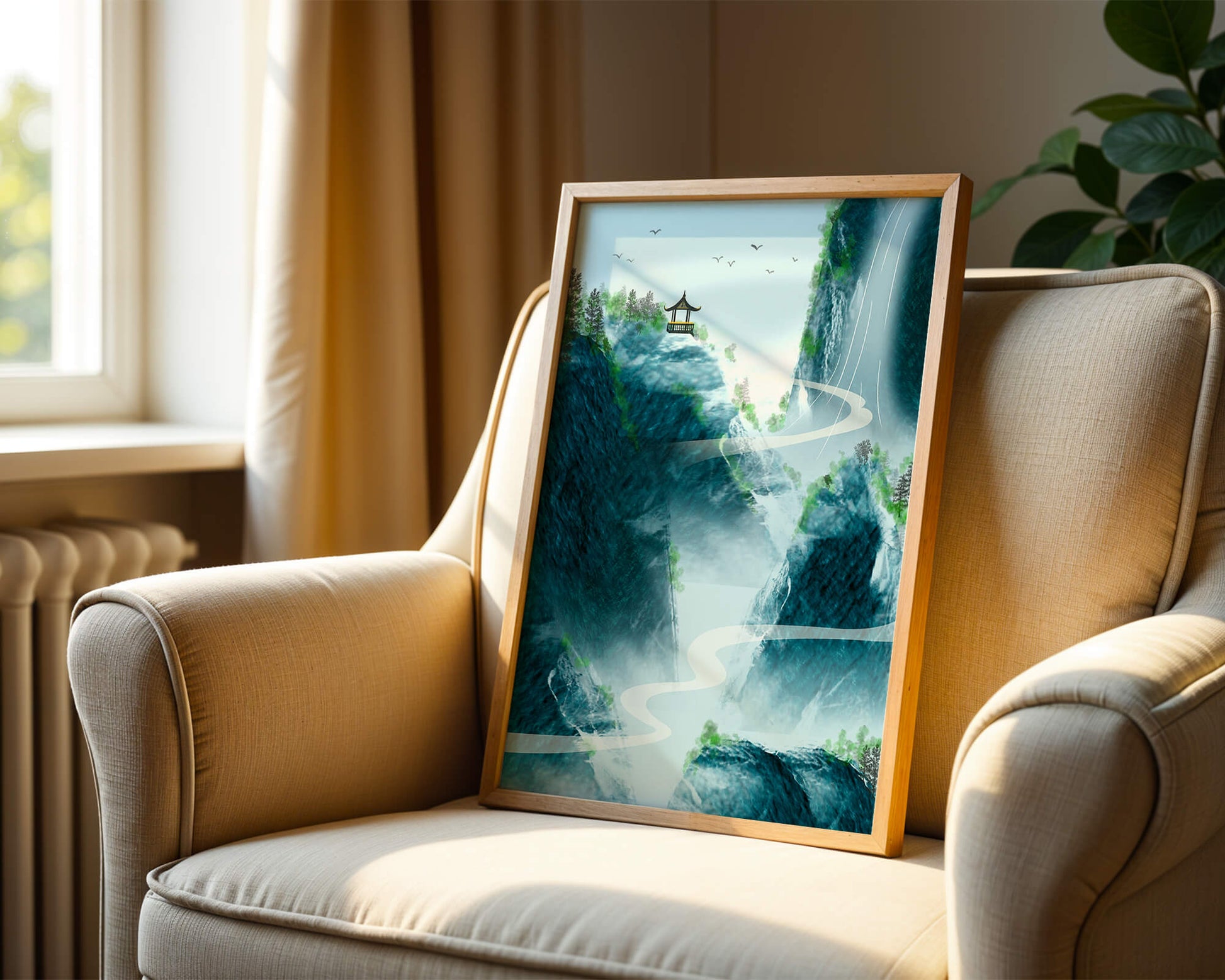 Serene mountain landscape with a pavilion and waterfall