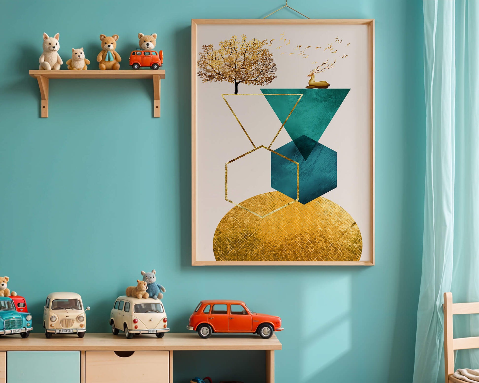 Abstract Geometric Composition with Golden Deer and Tree