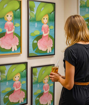 Whimsical Illustration of a Young Girl in a Pink Dress Sitting on a Lily Pad