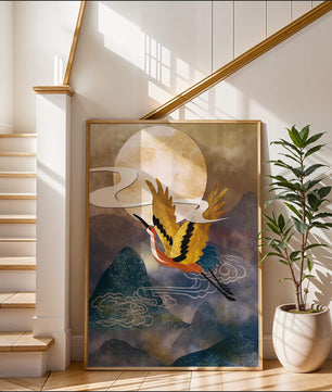 Majestic Gold-Crimson Crane Flying Over Misty Mountains in Moonlight