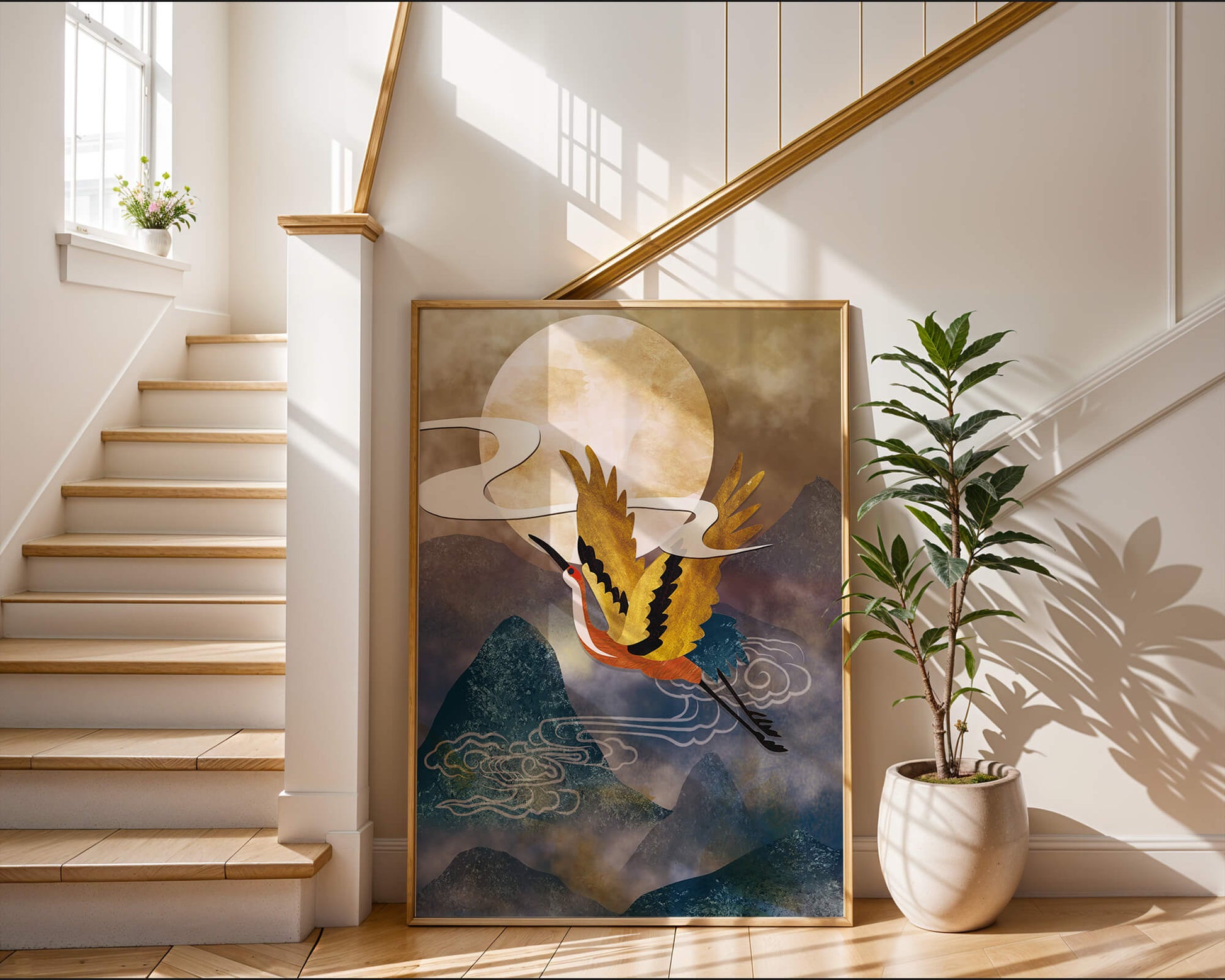 Majestic Gold-Crimson Crane Flying Over Misty Mountains in Moonlight