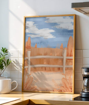 Paisaje otoñal sereno con cerca de madera y cielo azul