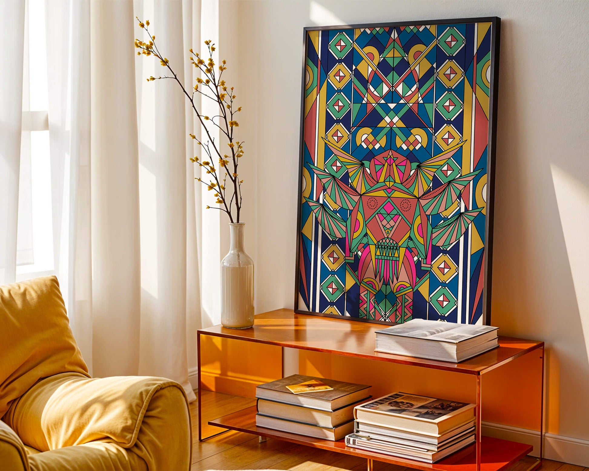 Arte abstracto geométrico colorido con patrones simétricos