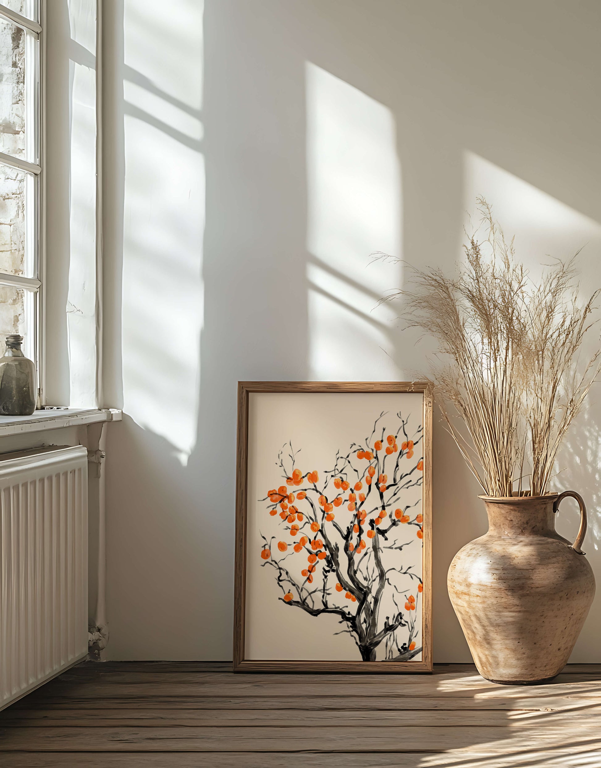 Elegant watercolor tree with vibrant orange fruit