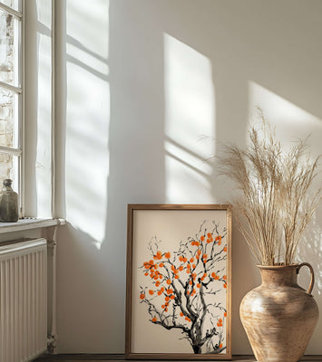 Elegant watercolor tree with vibrant orange fruit