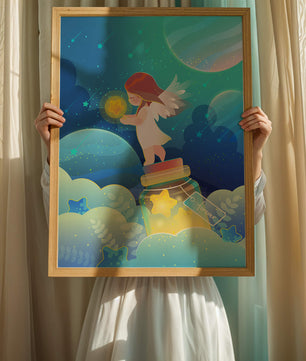 Enchanting angel collecting stars in a dreamy night sky