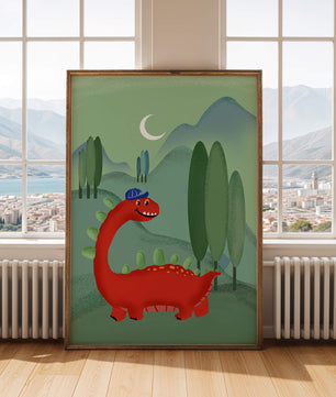 Whimsical red dinosaur in a serene nighttime forest