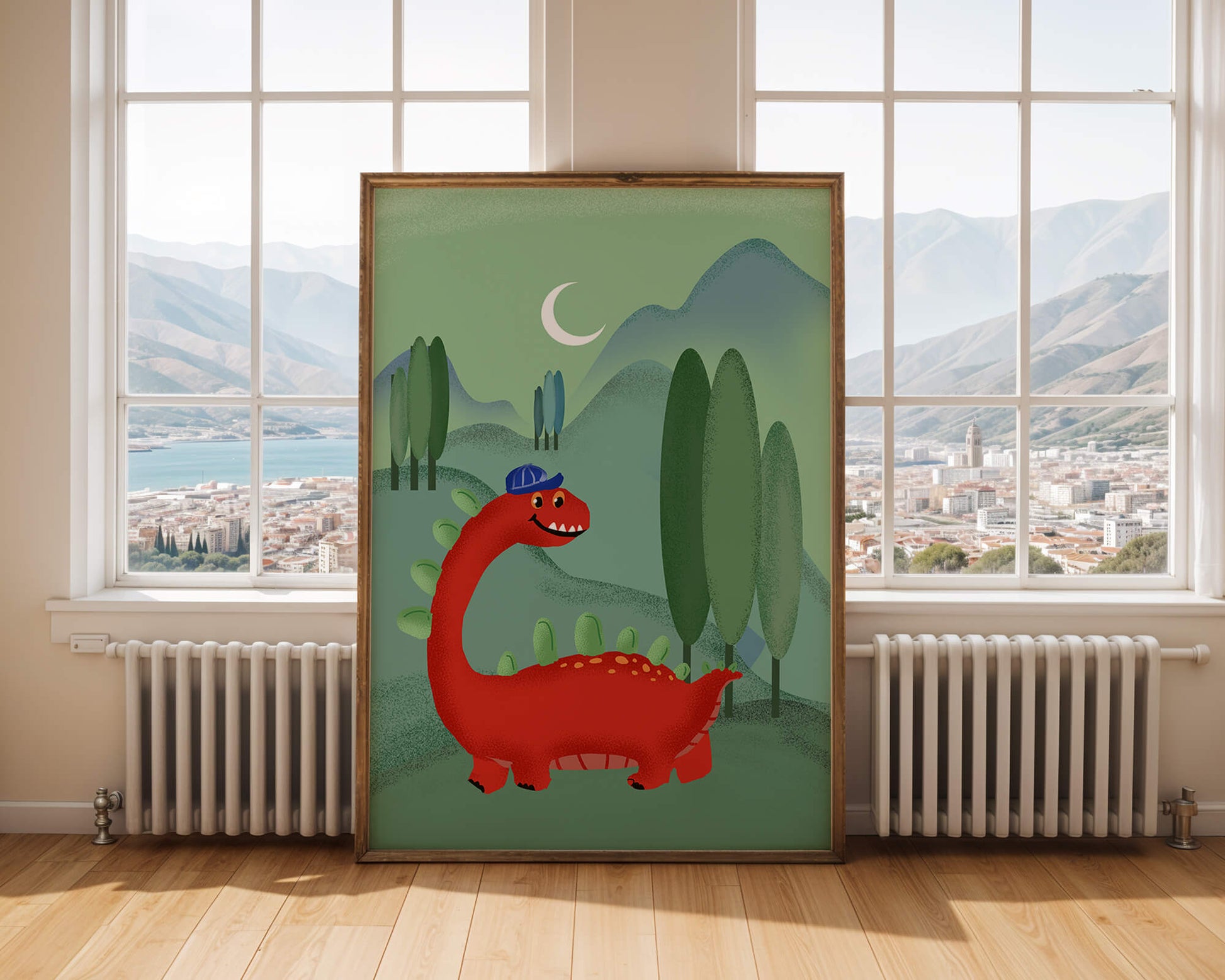 Whimsical red dinosaur in a serene nighttime forest