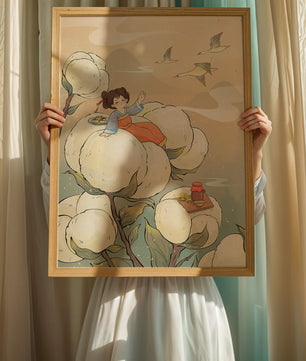 Illustration d'une fille sur des fleurs géantes avec des oiseaux volants et de la nourriture