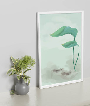 Minimalistic Art of Green Leaves on Abstract Background
