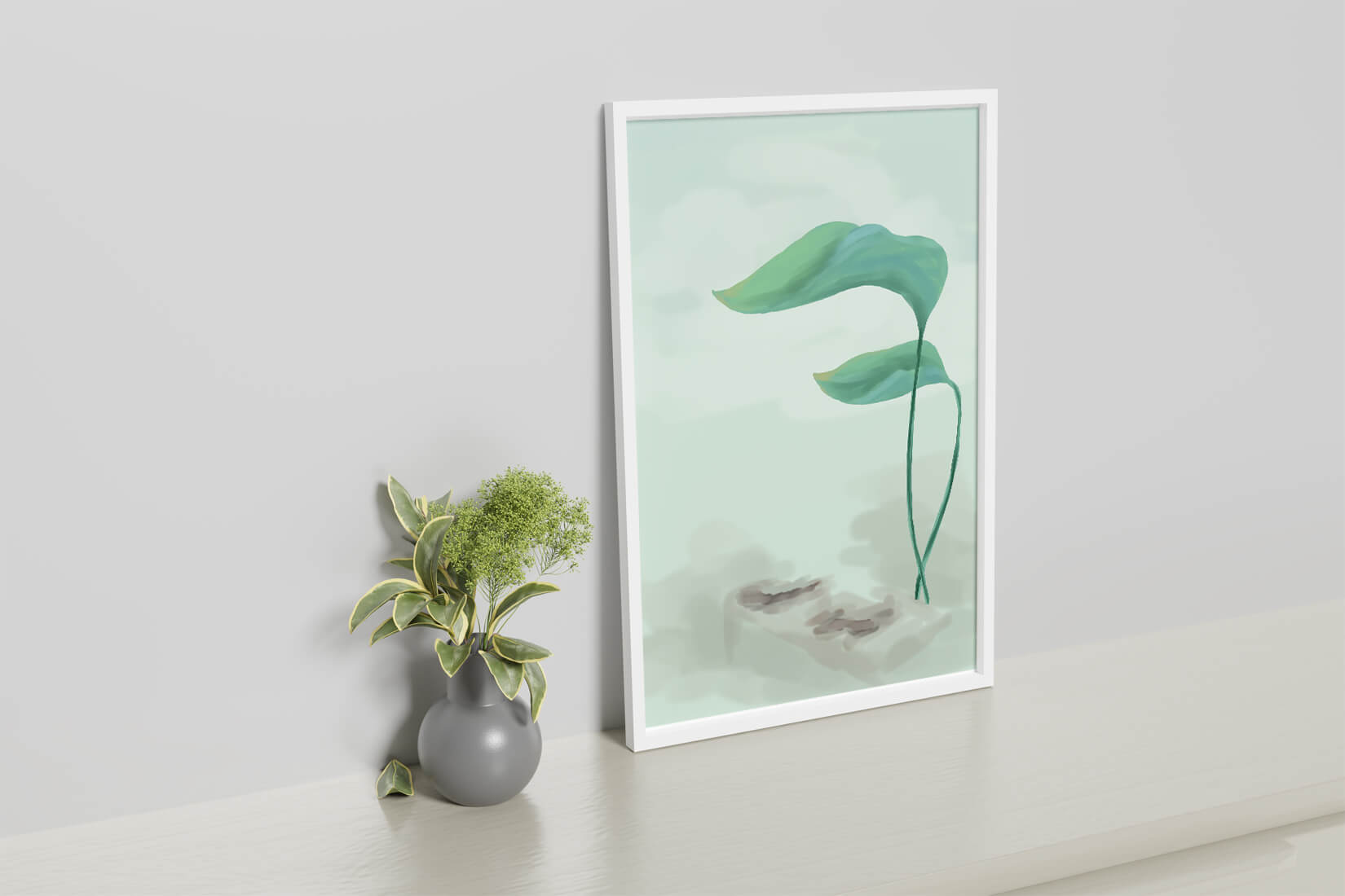 Minimalistic Art of Green Leaves on Abstract Background