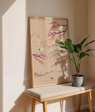 Paysage asiatique élégant avec des grues et des branches de cerisier en fleurs