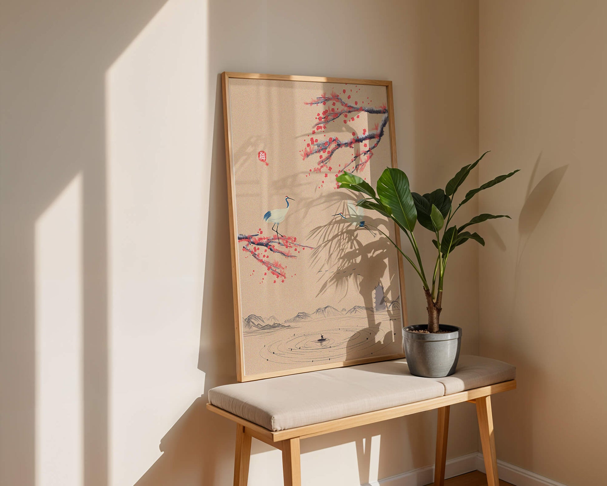 Elegant Asian landscape with cranes and cherry blossom branches