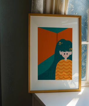 Colorful abstract illustration of a character with teal hair and orange background