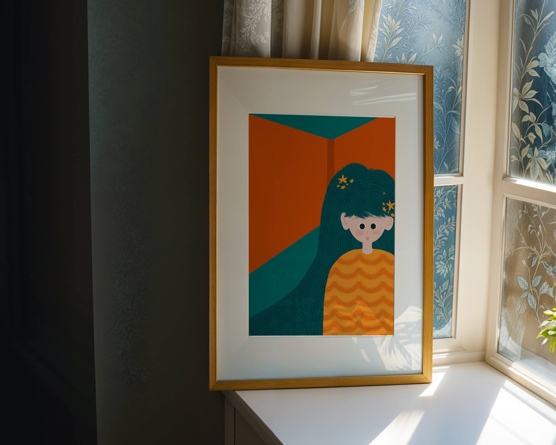 Colorful abstract illustration of a character with teal hair and orange background