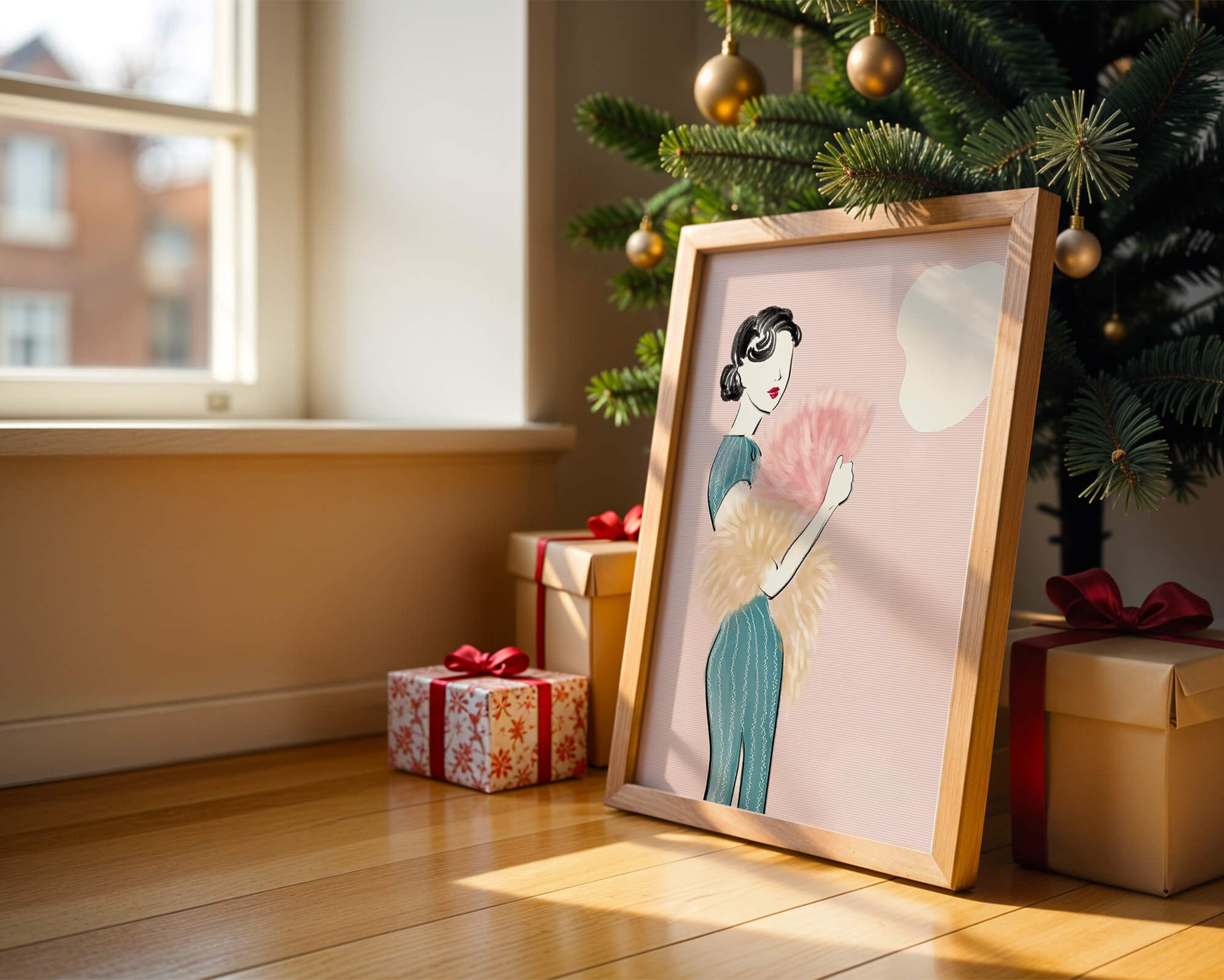 Elegant woman in vintage dress with pink background