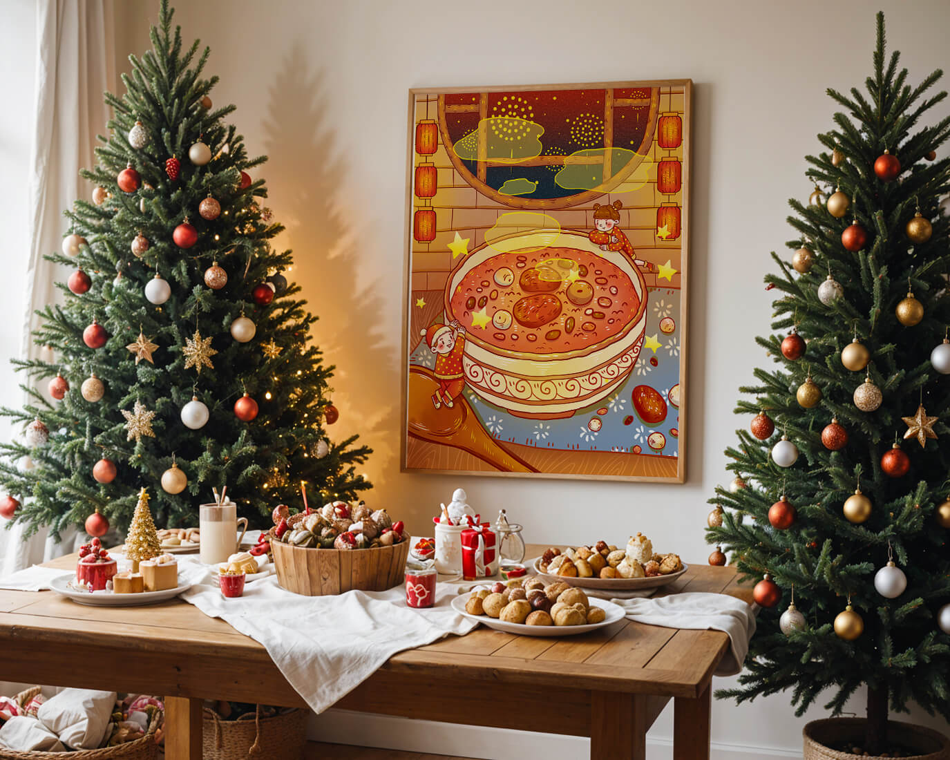 Cozy festive scene with children, a large bowl of soup, and lanterns