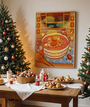 Scène festive et chaleureuse avec des enfants, un grand bol de soupe et des lanternes