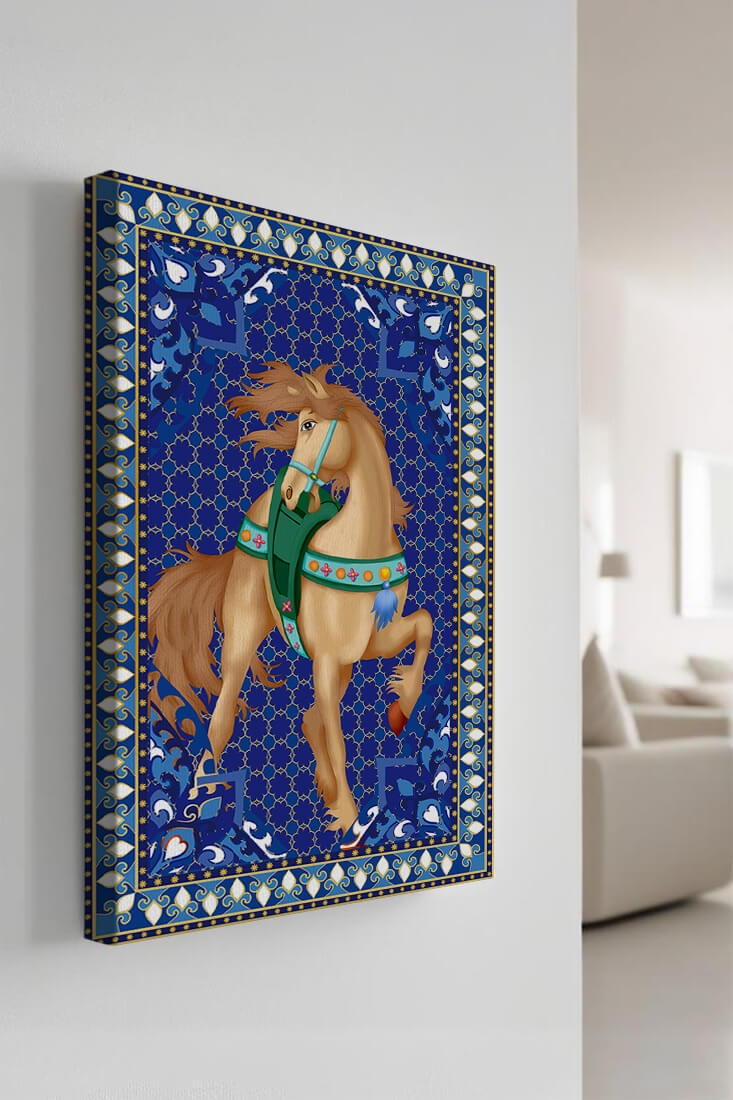 Intricate patterned horse art with a vibrant decorative border