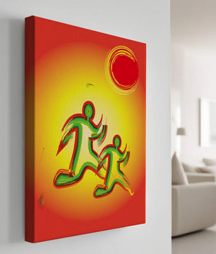Abstract colorful figures under a vibrant sun with warm tones