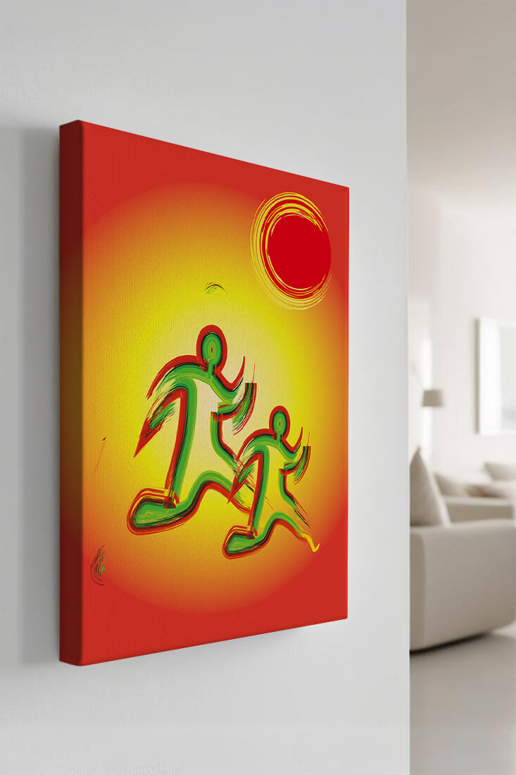 Abstract colorful figures under a vibrant sun with warm tones