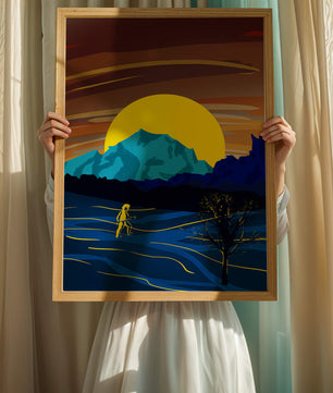 Paisaje surrealista con una puesta de sol vibrante y silueta