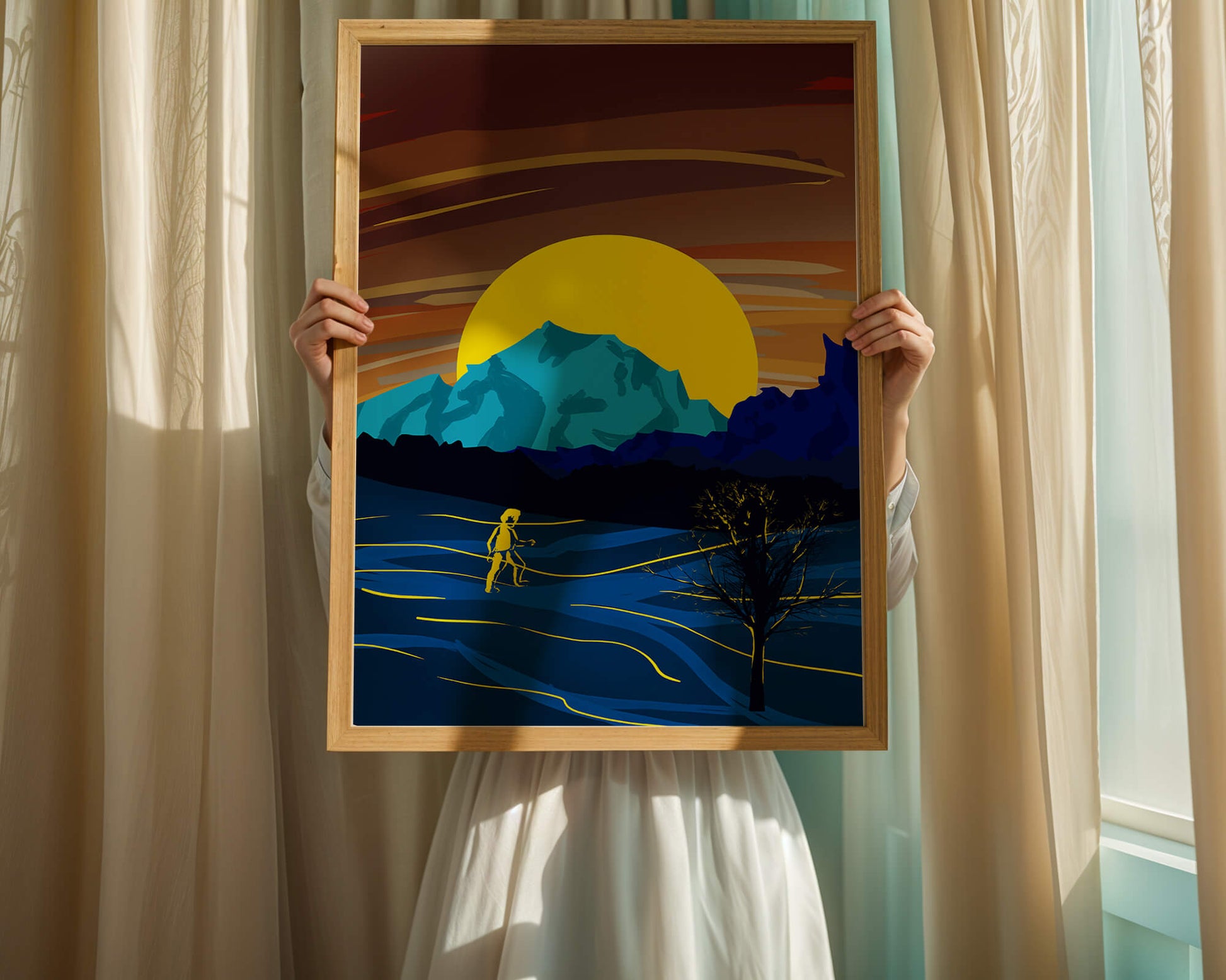 Surreal landscape with a vibrant sunset and silhouette
