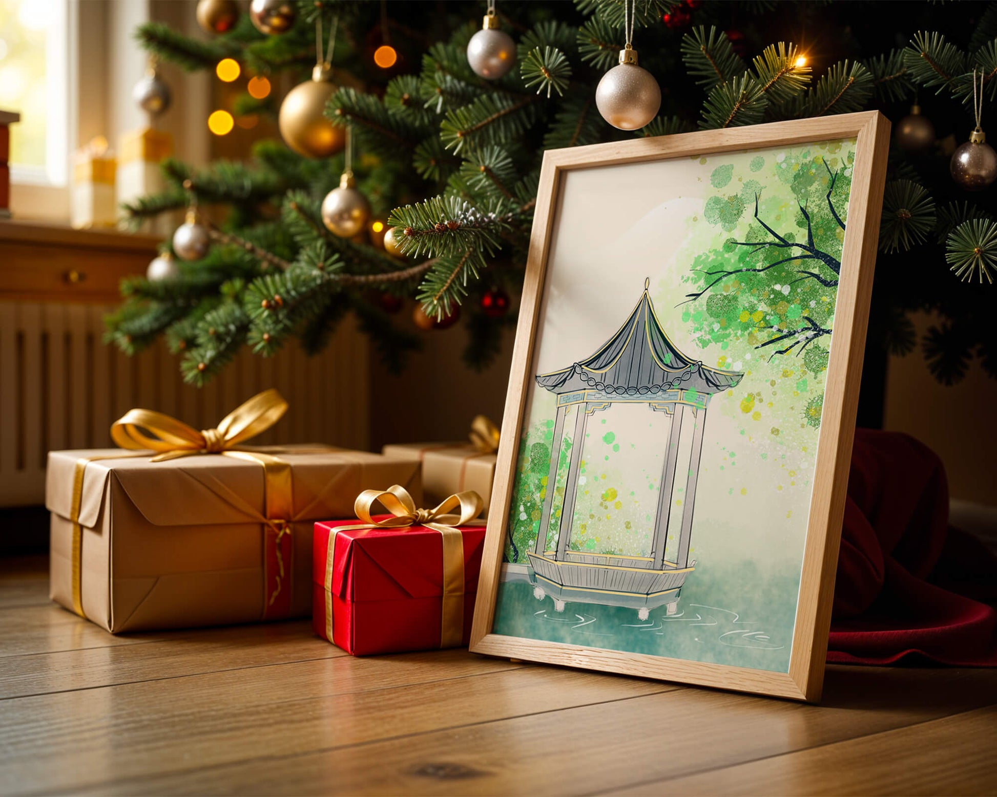 Serene garden gazebo by a tranquil pond with lush greenery