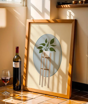 Illustration botanique moderne d'une plante en pot sur un support en bois