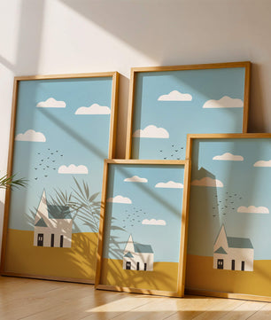 Paisaje minimalista con una casa blanca y cielo