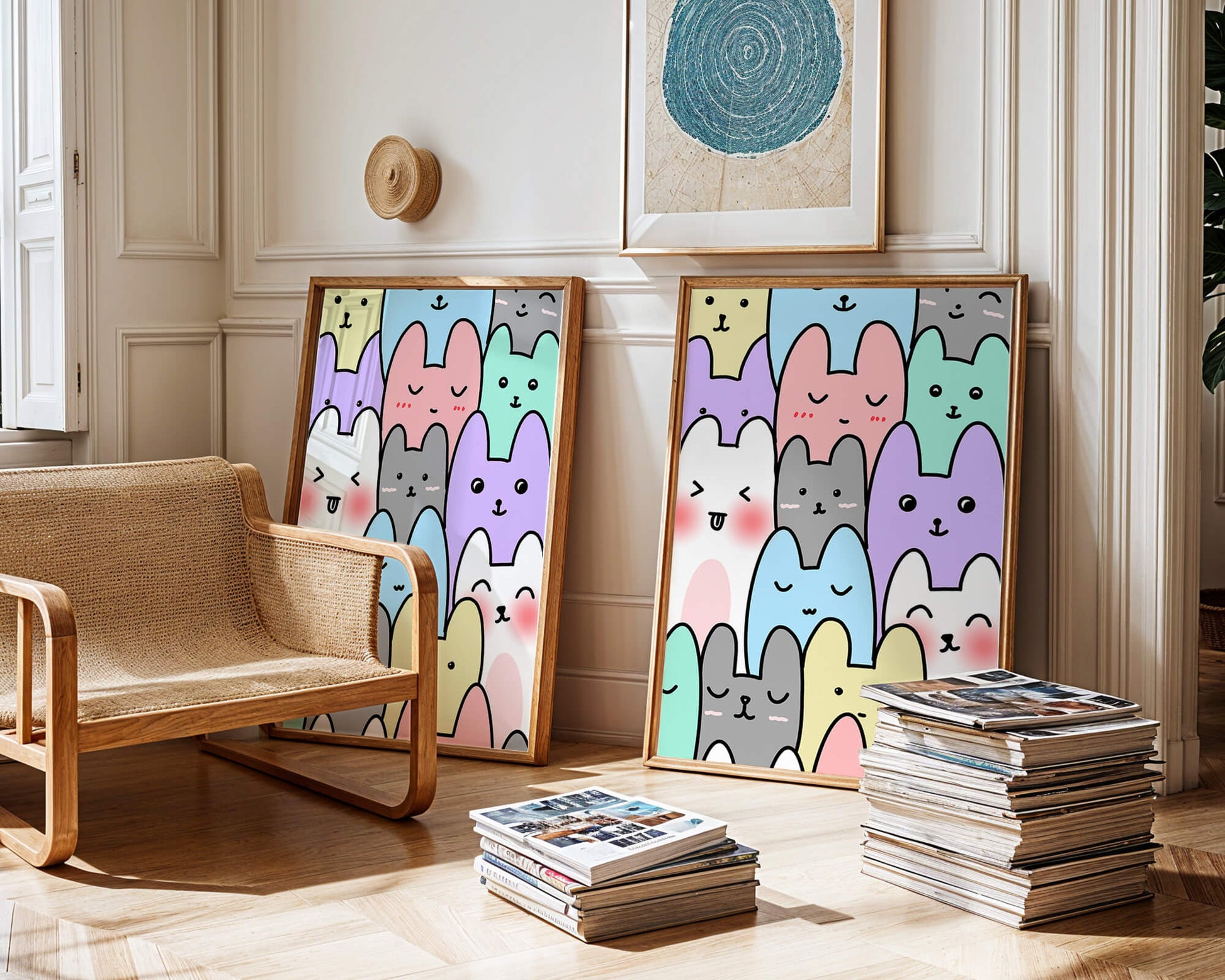 Colorful cartoon animal pattern with smiling faces