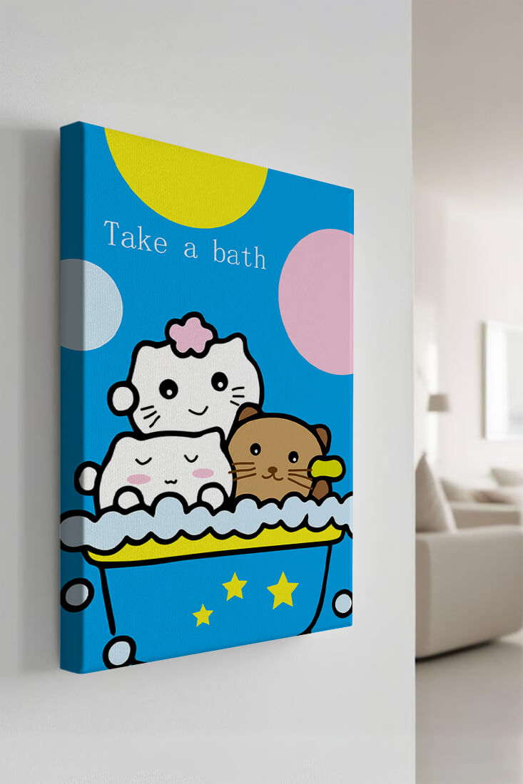 Adorable cartoon characters in a bubble bath with vibrant background