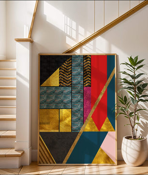 Geometric abstract design with vibrant colors and gold accents