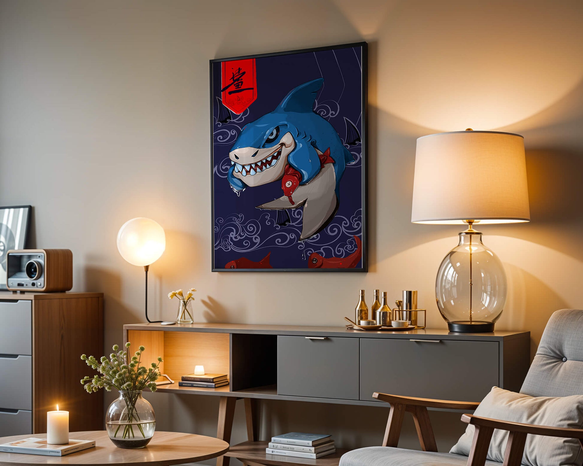 Playful illustration of a cartoon shark with nautical elements