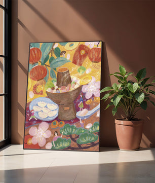 Ilustración del festival de comida asiática colorida con linternas y flores