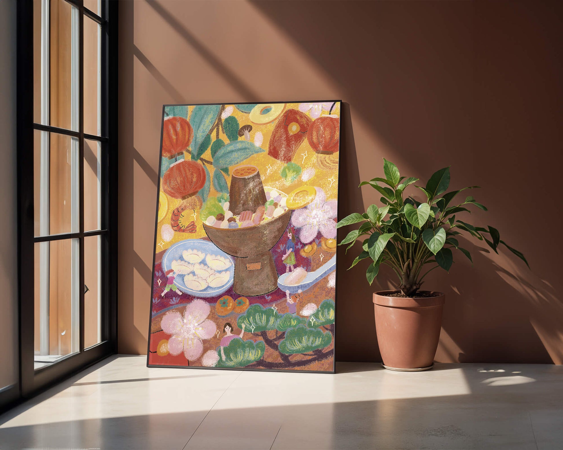 Ilustración del festival de comida asiática colorida con linternas y flores