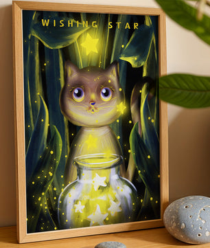 Cat under starry night in a magical forest setting