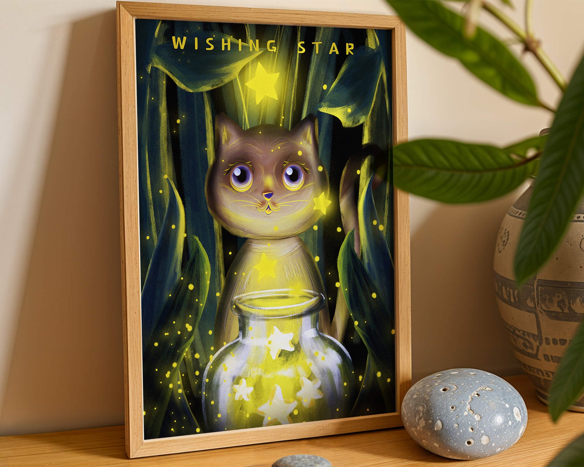Cat under starry night in a magical forest setting