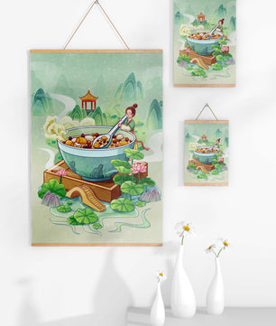 Illustration of a traditional Asian scene with large bowl and serene landscape