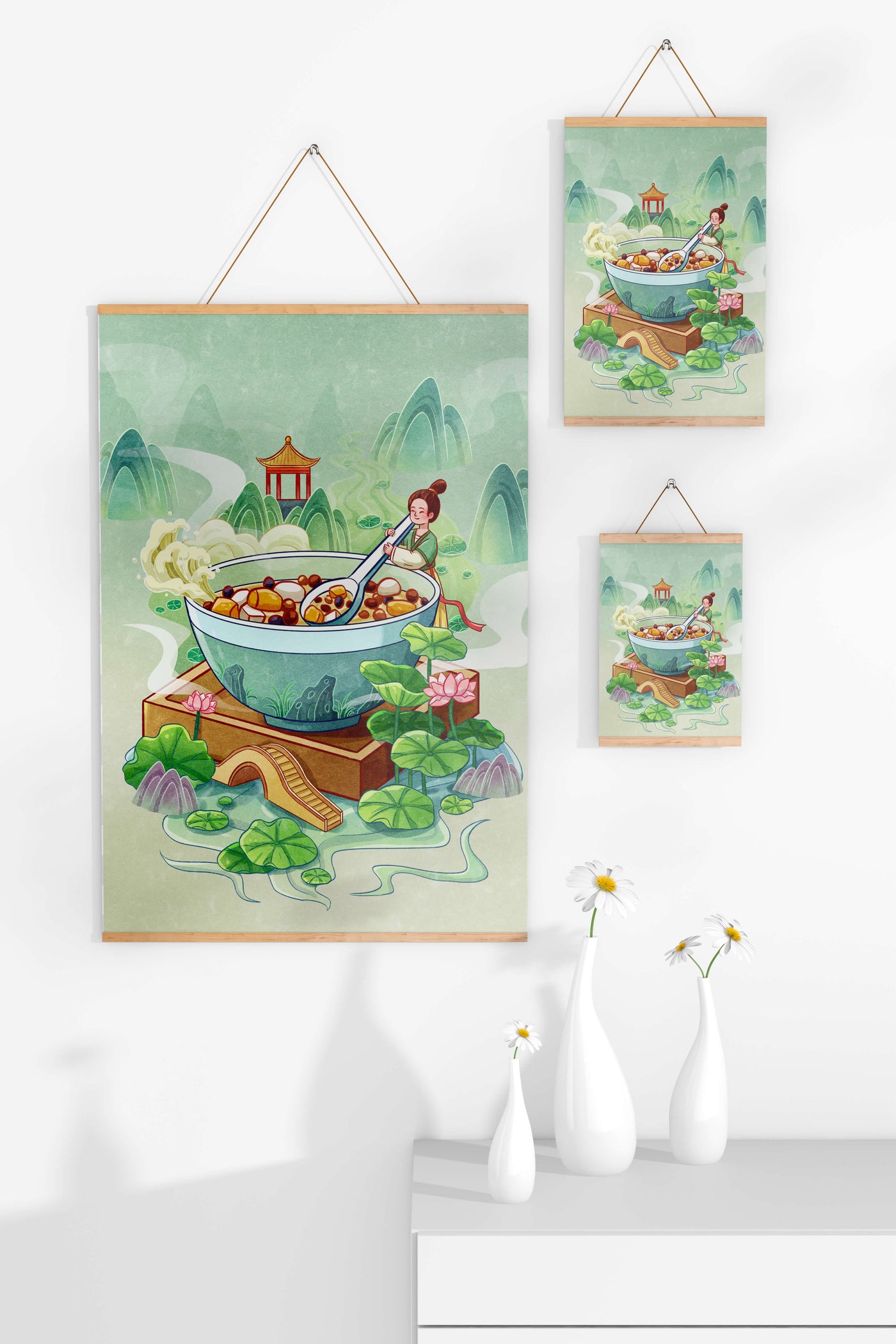 Illustration of a traditional Asian scene with large bowl and serene landscape