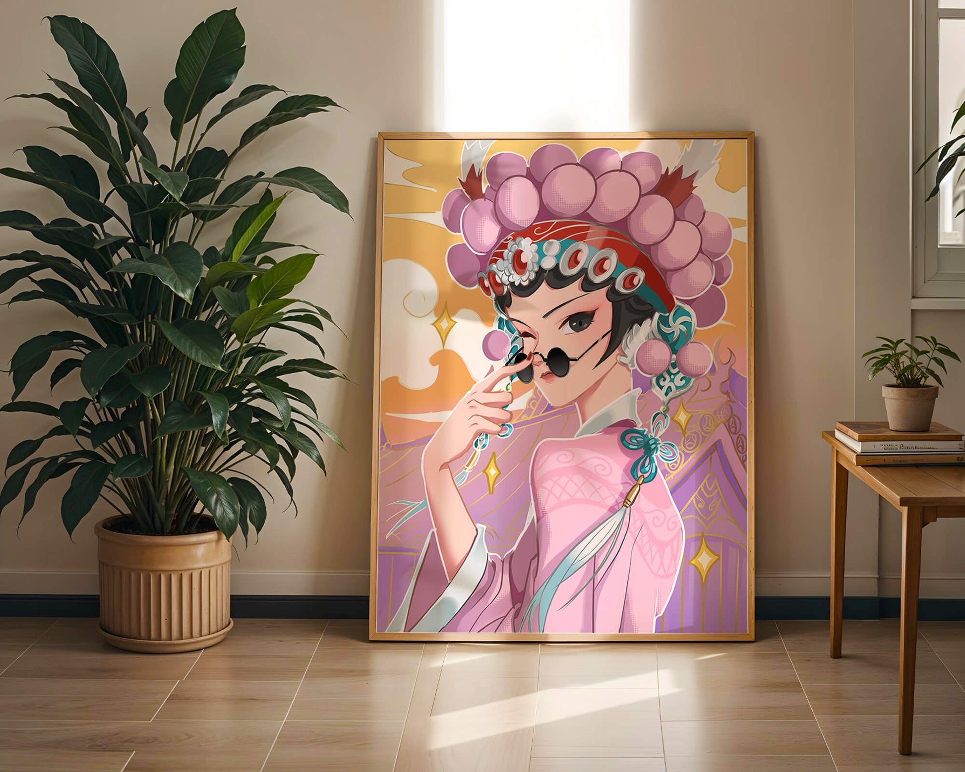 Elegant anime character in traditional attire with golden accents