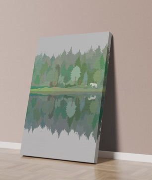 Forest landscape with a white horse and reflection in a tranquil pond