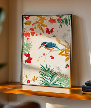 Oiseaux et feuillages colorés dans un décor botanique tropical