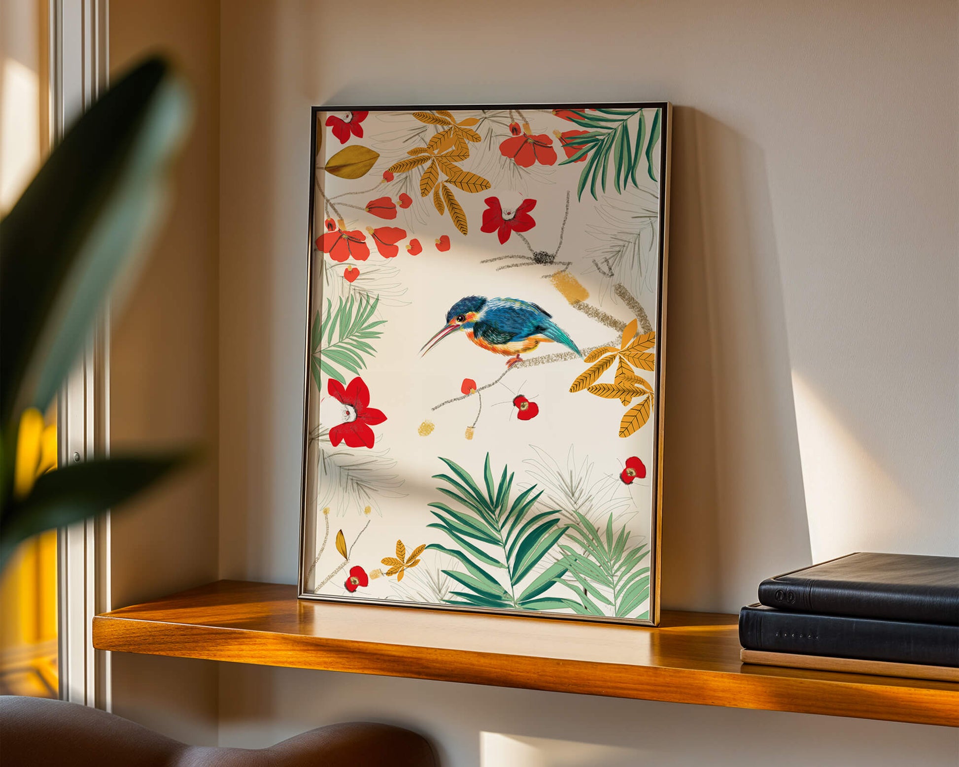 Oiseaux et feuillages colorés dans un décor botanique tropical