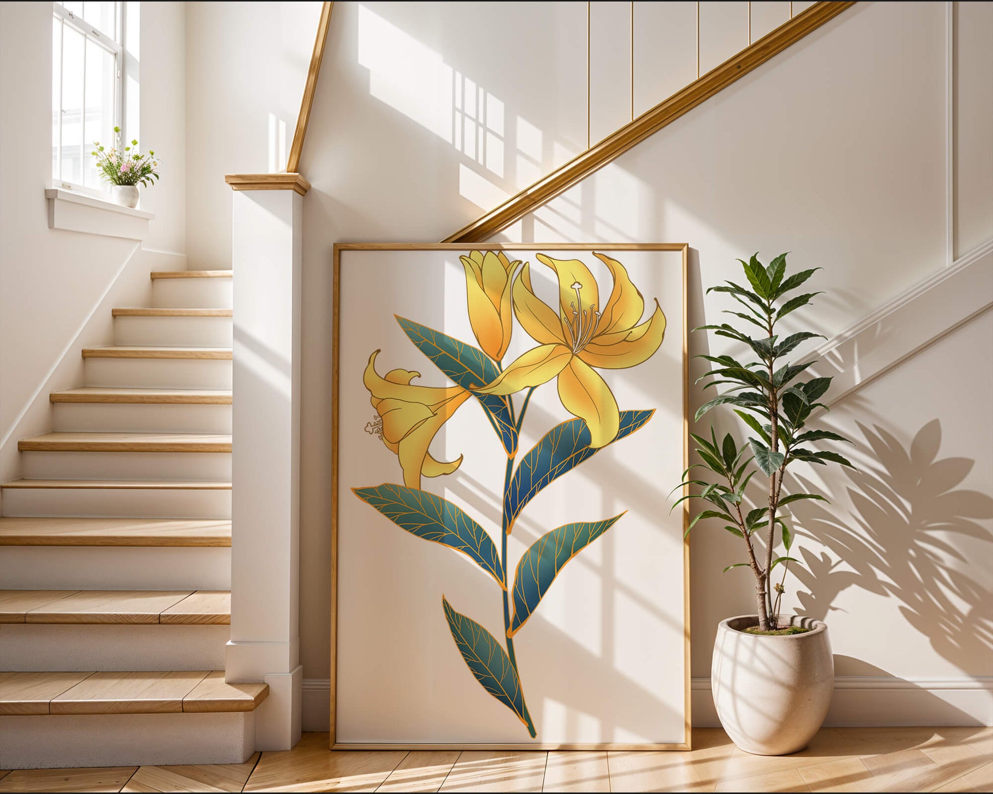 Elegant golden lily illustration with intricate leaf details